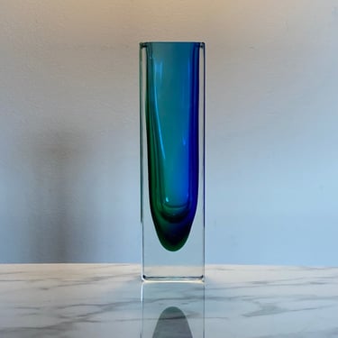Square Murano vase in green clear and blue Sommerso technique 