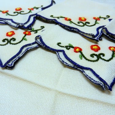 Vintage 6 Linen Cocktail Napkins ~ 8 inch Square Embroidery Flower Tea Party Table Linens ~ Kitchen Decorating 