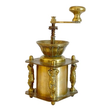 Antique solid brass coffee mill, Ornate decorative spice grinder with Putti. Rustic condition, NEEDs REPAIR Read carefully & SEE PHOTOS 