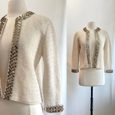 Vintage 50s Cardigan Sweater / Gold + Silver METALLIC SEQUIN Trim / MOHAIR Knit Blend / Lined / Sidney Gould 