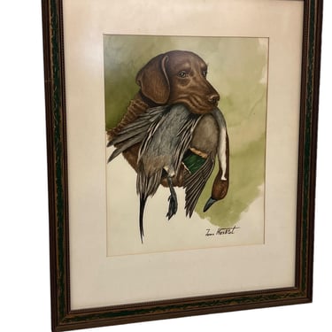 Free shipping within continental US - Original Hunting Dog with Foul Watercolor Painting by French Artist and Cartoonist Jean Herblet Signed 