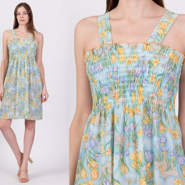 70s Sheer Blue Floral Sundress - Small | Vintage Shirred Bodice Boho Hippie Mini Dress 
