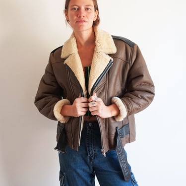 Vintage 1990s Brown + Black Leather Duo Toned Shearling Lined Moto Jacket 90s 80s Motorcycle Two Tone Fur Minimal 