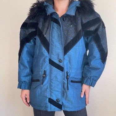 Vintage 80s Womens Braetan Blue Metallic Geometric Fur Hood Ski Parka Jacket 