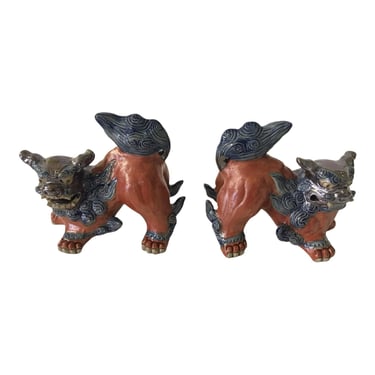 Exceptional Signed Vintage 7” Chinese Stoneware Ceramic Foo Dogs Guardian Shishi Lion Figurines | Asian Pottery Art Protection Statues 