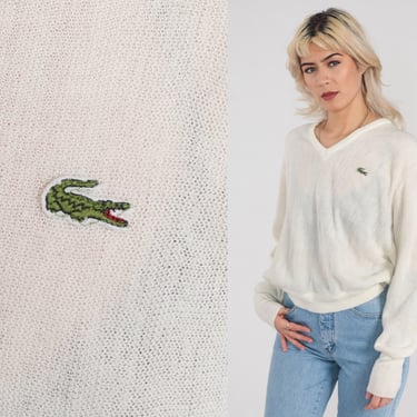 White Lacoste Sweater 80s Izod V Neck Slouchy Semi-Sheer Knit Pullover V Neck Basic Preppy Tennis Crocodile Acrylic Vintage 1980s Medium M 