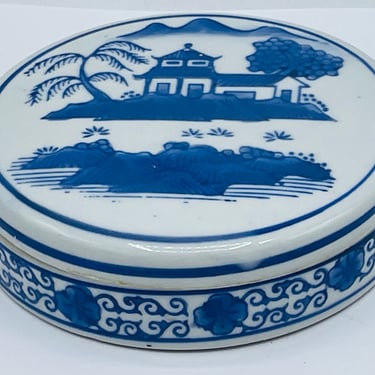 Vintage Blue And White Round Ceramic Box, Trinket Box, Keepsake Box Vintage- Asian Scene 4 3/4" 