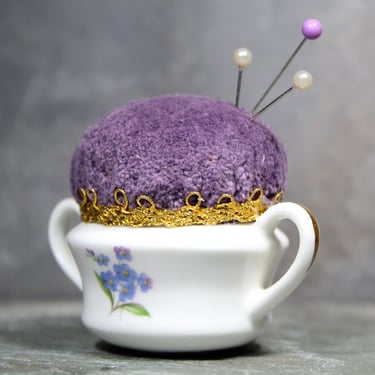 Lavender Floral Upcycled Pin Cushion - Vintage Ceramic Pin Cushion - Delicate & Fancy Vintage 