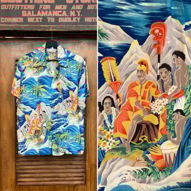 Vintage 1950’s Eugene Savage Style Tiki Rayon Hawaiian Shirt, Matching Pocket, Original, 1950’s Shirt, 50’s Vintage Clothing 