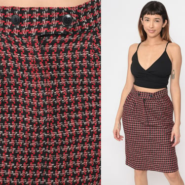 Houndstooth Pencil Skirt 80s Wiggle Skirt Dark Academia Diane von Furstenberg High Waisted School Girl Black Red White Retro Vintage Small 6 