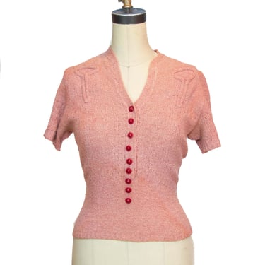 1940s Sweater ~ Dusty Pink Short Sleeve Pullover Sweater with Red Buttons 