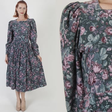 Laura Ashley Designer Belted Dress, All Over Print Floral Corduroy Frock, Vintage Cord Garden Outfit With Pockets, Size US 12 UK 14 