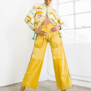 Gianni Versace Yellow Fringe Trimmed Suede Pants
