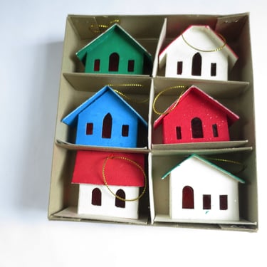 Shiny Brite Mini Putz House Ornaments in Original Box, Tiny Putz Houses Made in Japan 