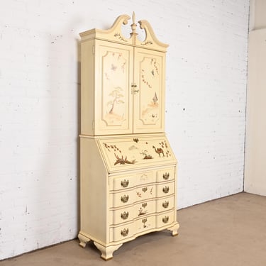 Georgian Chinoiserie Cream Lacquered Hand Painted Drop Front Secretary Desk With Bookcase Hutch