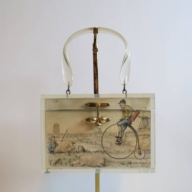 Vintage 1950s lucite box purse, Anton Pieck art, handbag, top handle bag 