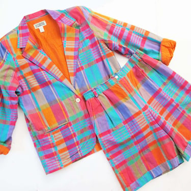 90s Madras Plaid Short Jacket Suit Set M L - Preppy Bright Checkered Womens Co Ord Matching Suit - Long Shorts Blazer 