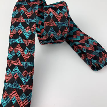 1950's Early 60's Supper Skinny Tie - The MODS - Chevron Print in Electric Blue, Rust & Black 
