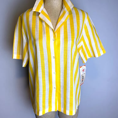 Vintage 80’s Bold Yellow and White Striped Button Up Top New Old Stock Never Worn Size Medium 