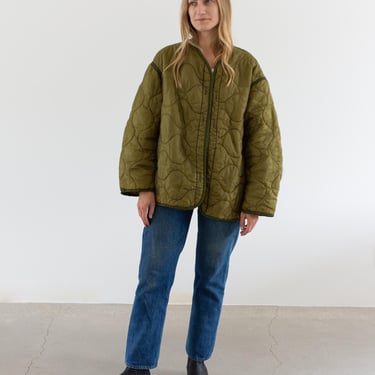 Vintage Green Liner Jacket | Unisex Wavy Quilted Nylon Coat | XL | LI289 