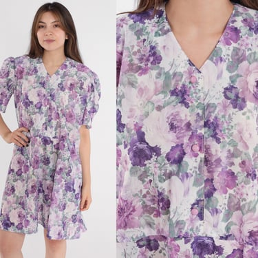 Purple Floral Dress 80s Mini Dress Puff Sleeve High Waisted Button up Day Dress Flower Rose Print Darling Girly Vintage 1980s Extra Large xl 
