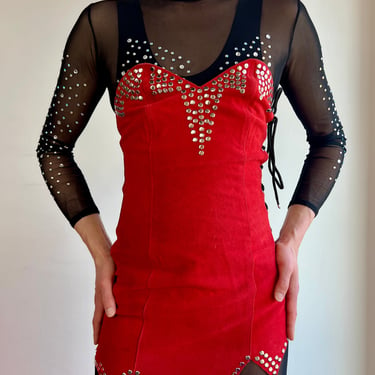 80’s Bright Red Suede Leather Studded Micro Mini Strapless Corset Dress