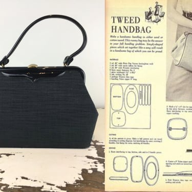 Tweedly Dee - Vintage 1950s 1960s Black Fabric w/Faux Patent Leather Handbag Purse 