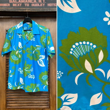 Vintage 1960’s “Kamehameha” Mod Floral Cotton Tiki Hawaiian Shirt, 60’s Loop Collar Shirt, Vintage Clothing 