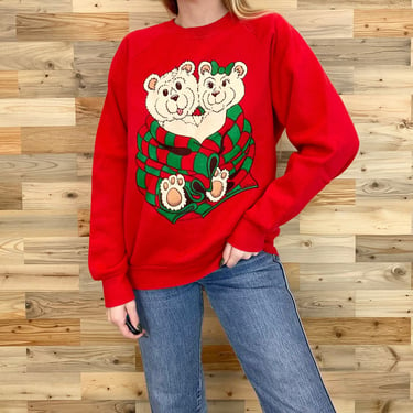 80's Christmas Vintage Snuggle Bear Holiday Sweater Pullover Sweatshirt 