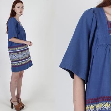 Royal Blue Guatemalan Dress / Aztec Print Bell Sleeve Dress / Heavyweight Cotton Zig Zag Stripe / Rainbow Embroidered Mexican Woven Mini 