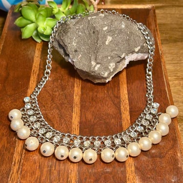 Vintage Rhinestone Faux Pearl Necklace Choker Collar Mid Century Retro Jewelry Gift 