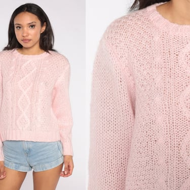Baby Pink Sweater Cable Knit Pastel Fisherman Sweater 80s Knitwear Pullover Retro Jumper Pastel 1980s Vintage Crewneck Spring Sweater Medium 