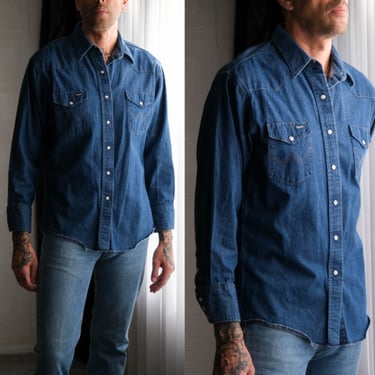 Vintage 80s WRANGLER Indigo Denim Pearl Snap Western Shirt | Made in USA | 100% Cotton | 1980s WRANGLER Designer Western Denim Jean Shirt 