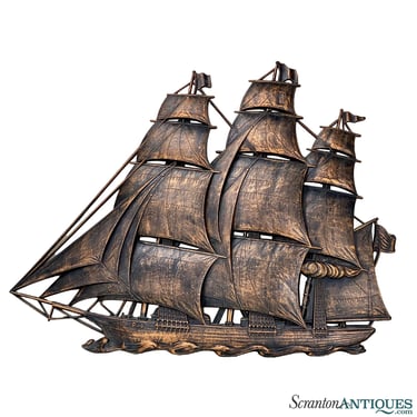 Mid-Century Brutalist Spanish Galleon Sailing Ship Sculptural Wall Art Plaque