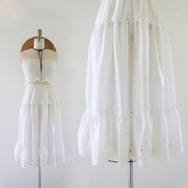 eyelet skirt 24-32 - vintage 70s cream white ivory sheer cute cottage boho cottagecore hippie sweet simple skirt 