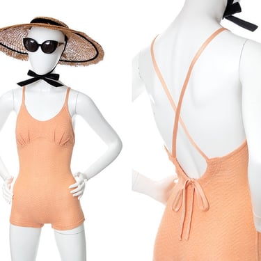 Vintage 1930s Swimsuit | 30s Peach Pink Knit Rayon Strappy Tied Open Back Shorts One Piece Bathing Suit (x-small) 
