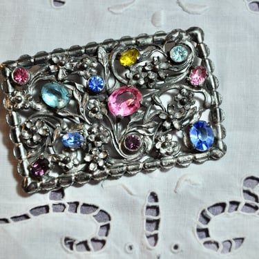 Antique Art Deco Filigree Brooch Multi Color Czech Stones Pewter Very Detailed Ornate Statement Brooch Neiger Brothers Groom Brooch Gift Her 