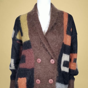 Vintage abstract mohair sweater 1980s double breasted cardigan geo shapes colorblock very furry fibrous textures new wave mcm vibes (OS) 