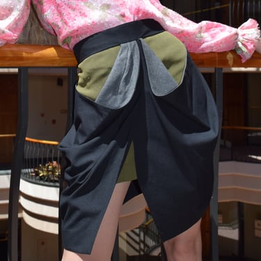 00s Balenciaga Nicolas Ghesquière Color Block Wool Silk Draped Skirt | SZ S M 