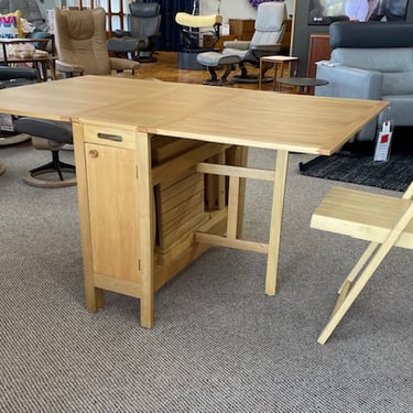 Linden Table<br />Romanian Drop Leaf<br />4 Self Storing Folding Chairs<br />Maple Veneer<br />L 57.5 (Each leaf 23) x D 35.75 x H 29