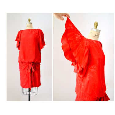 80s Vintage Red Silk Ruffle Dress Medium by Saint Romei// 80s Red Silk Ruffle Party Dress Medium Draped Red Party Dress 