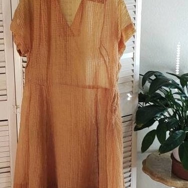 Vintage Seersucker 40s/50s Dress Mustard Color Sheer Day Dress  L/XL 