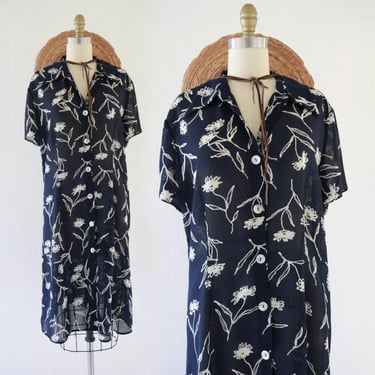 chiffon floral dress - l - vintage 90s minimal floral cottage flowery size large navy blue cute cottage cottagecore 1990s 