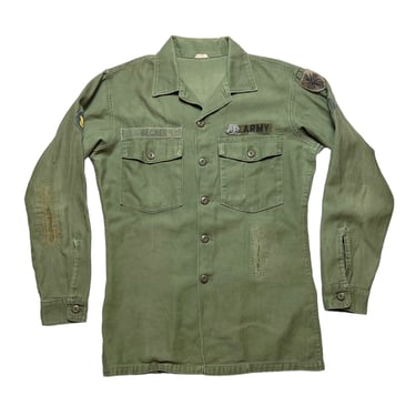 Vintage 1960s OG-107 US Army Utility Shirt ~ fits L ~ Military Uniform ~ Patches / Named / Repaired ~ Vietnam War 