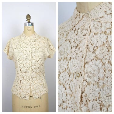 Vintage 1940s lace blouse sheer peter pan collar romantic feminine coquette alencon 