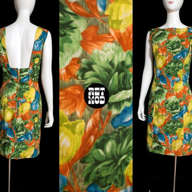 Sexy Vintage 60s Green Orange Yellow Blue Abstract Floral Wiggle Dress with Open Back 