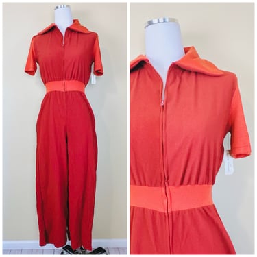 1970s Vintage Mistra Rust Orange Faux Corduroy Jumpsuit / 70s Short Sleeve Zip Front Knit Pantsuit / Small - Medium 