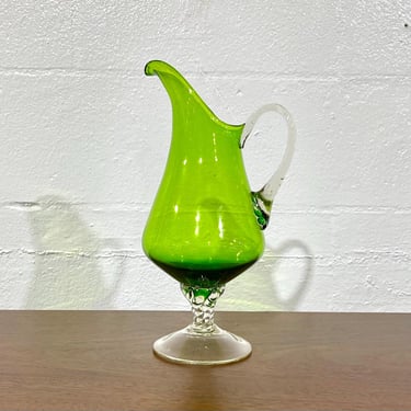 Vintage 1950s Empoli Green Art Glass Hand Blown Italian Glass w/ Applied Stem Pitcher Vase 