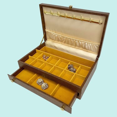 Vintage Jewelry Box Retro 1960s Mid Century Modern + Brown Vinyl + Woodgrain + Rectangular + Golden Yellow Felt + Divided Interior + Storage 