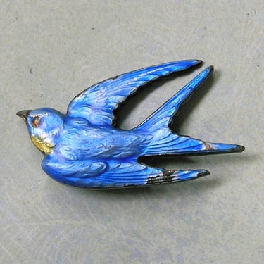 Antique Sterling Enamel Bird Pin, Old Blue Enamel Bird Pin, Blue Bird of Happiness Pin, Sterling Enamel Paye & Baker Bird Pin  (#4236) 
